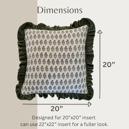 Palm & Loom 100% Cotton Linen Cushion Cover - Aira Decorative Throw Pillow Case with Moss Green & Grey with Ruffle - Modern Traditional Living Room, Bedroom Pillow Cover (Dara, 20" x 20" (Pack of 1)) - Image 3