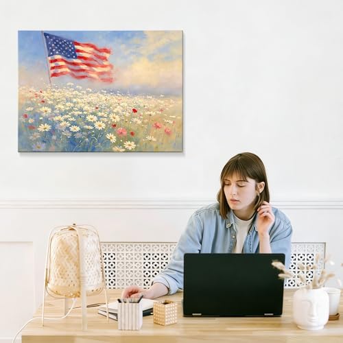 Patriotic Canvas Wall Art 4th of July American Flag in Daisy Field Oil Painting USA Flag Floral Picture Wall Decor Independence Day Home Decor for Living Room Bedroom 24x32in - Image 7