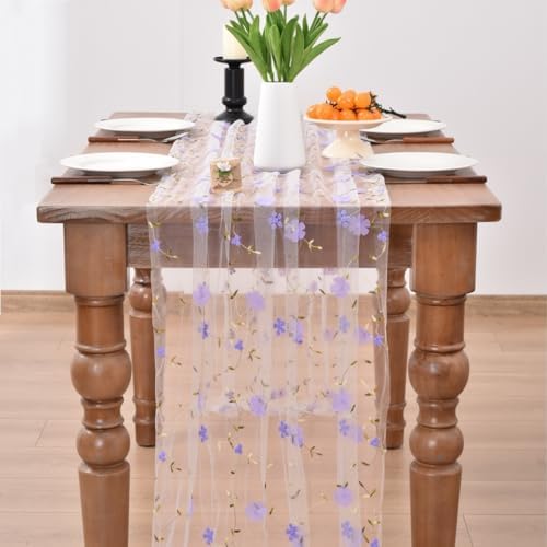 Lilac Wildflowers Table Runner Gauze Floral Birthday Party Home Table Decor - Image 3