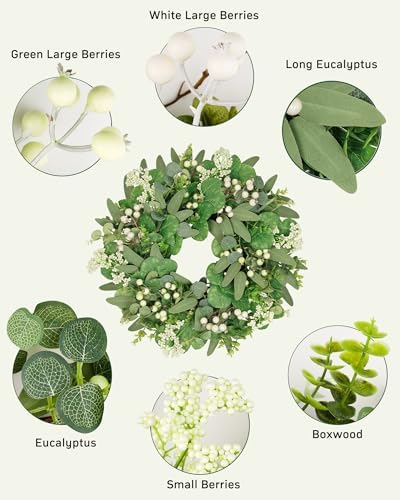 Vlorart 20 Inch Artificial Spring Summer Christmas Greenery Wreaths for Front Door Green Eucalyptus Leaf Wreath Decor Boxwood with Big Berries for Farmhouse Outside - Image 3