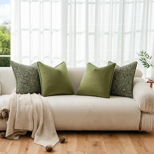 a moment Dark Green 4 Pack Throw Pillow Covers - Chenille & Velvet Set with Piping, Farmhouse Textured Design Pillow Cases for Couch Sofa Bed Livingroom (22x22 Inch, No Insert) - Image 4