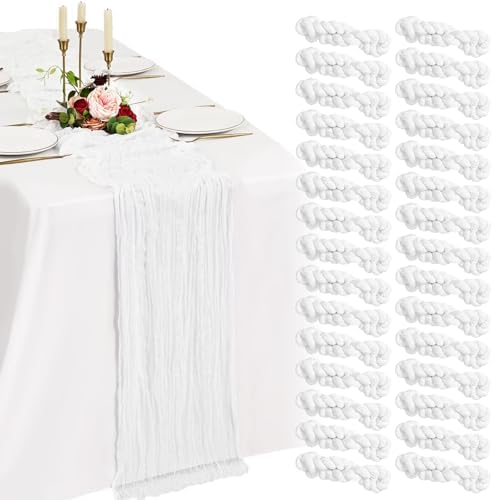 30 Pack Cheesecloth Table Runner 10FT White Table Runner Boho Gauze Cheese Cloth Table Runners Long Rustic Sheer Table Decorations for Wedding Party Baby Bridal Shower Birthday Holiday Home by Showgeous