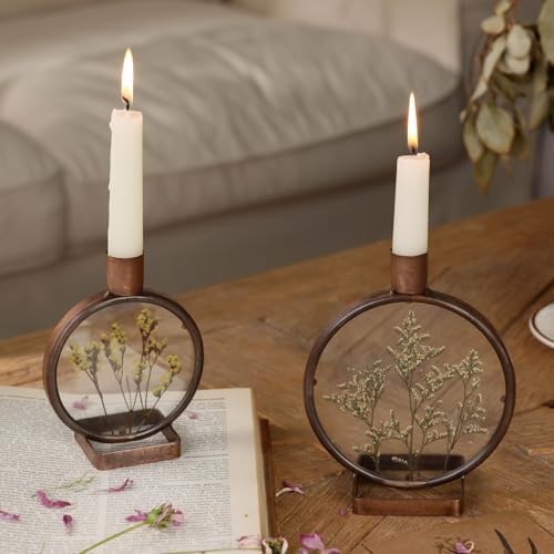NIKKY HOME Nature Dried Flower Taper Candle Holders Set of 2, Vintage Decorative Metal Candlesticks Round Frame with Glass Centerpieces Decor for Dining Room Table Wedding Party Mantle Fireplace - Image 4