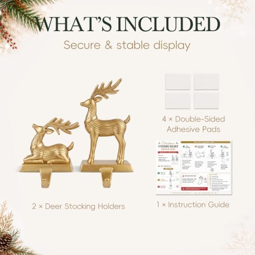 TwoDays 2-Pack Reindeer Christmas Stocking Holders for Mantle - Vintage Gold Resin Deer with Safety Adhesives, Deer Hooks Statues for Xmas Fireplace Decor - Image 4