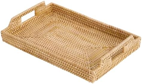 Rattan Rectangular Serving Tray with Handles, Hand-Woven Wicker Decorative Tray for Coffee Table,Vintage Boho Style Decor for Dining, Kitchen, Bathroom, Outdoor(17"x11.4"x1.9") by Kmelep