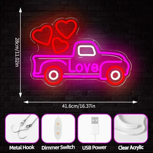 Valentines Day Neon Sign Valentines Truck Led Sign Dimmable Neon Heart Light Red Truck Valentine Window Lights Gift for Girlfriend Couples Anniversary Decor - Image 5