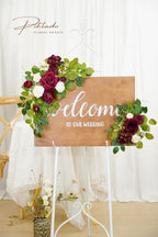 Wedding Decor (Pack of 2) Welcome Sign Flower Backdrop Garland for Ceremony Reception Wall Easel Home Decoration Entryway Faux Outdoor Board Head Table Decor (Burgundy & White) - Image 4