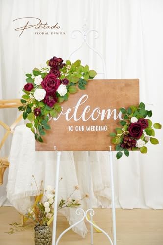 Wedding Decor (Pack of 2) Welcome Sign Flower Backdrop Garland for Ceremony Reception Wall Easel Home Decoration Entryway Faux Outdoor Board Head Table Decor (Burgundy & White) - Image 4