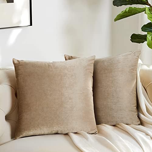 Decorative Throw Pillow Covers 20 x 20, Beige Taupe Khaki Sofa Pillow Covers Velvet, Set of 4 Decor Square Cushion Covers - Image 5