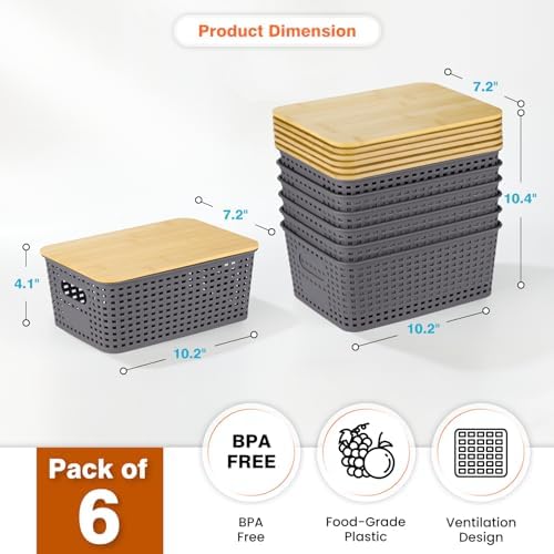 Ohmlove 6 Pack Plastic Storage Baskets with Bamboo Lids for Organization - Image 2