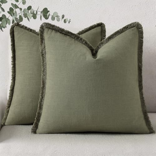 decorUhome Linen Fringe Olive Green Throw Pillow Covers 24x24 Set of 2 by decorUhome