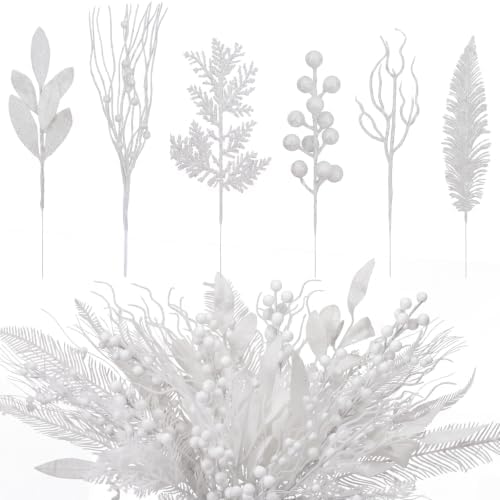 White 66 Pcs Christmas Glitter Picks and Sprays, Xmas Artificial Floral Stems Branches Berry Leaf Pine for Tree Topper Wreath Garland Centerpiece Holiday Party Home Decor by Vertintong