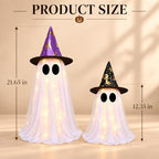 2 Pack Lighted White Ghost Halloween Decorations with Witch Hats, Telescopic Height Adjustable 12.35 to 21.65 Inches, 8 Lighting Modes Battery Operated, Halloween Indoor Decor for Table Mantel - Image 2