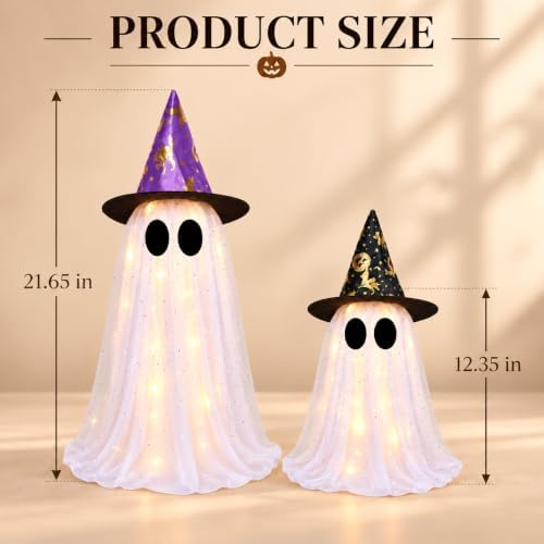 2 Pack Lighted White Ghost Halloween Decorations with Witch Hats, Telescopic Height Adjustable 12.35 to 21.65 Inches, 8 Lighting Modes Battery Operated, Halloween Indoor Decor for Table Mantel - Image 2