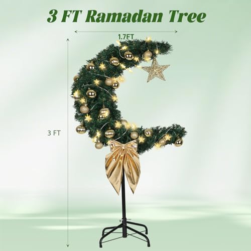 3 FT Eid Ramadan Moon Tree, Lighted Crescent Artificial Tree with LED Star String, Garden Decor Outdoor Lights,Islamic Decoration for Garden, Indoor, Home, Party Decor(Green) - Image 3