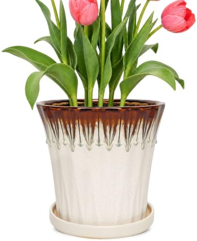8.3 Inch Ceramic Planters with Drainage Hole and Saucer,Indoor Outdoor Large Flower Pots, Garden Pot for Plant Lovers (Drip White) by Unknown
