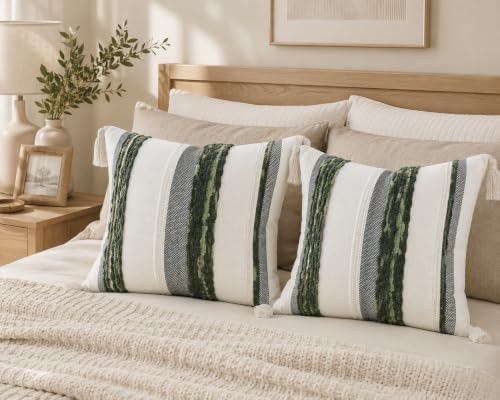 decorUhome Cream White and Green Throw Pillow Covers 18x18 Set of 2 - Image 3