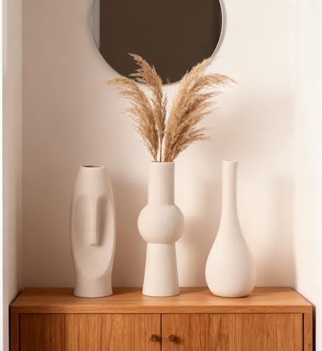Ceramic Vase Set of 3 White Home Decor Modern Farmhouse Style Living Room Ornament Dining Table Room Pottery Small Vases for Dried Flowers - Image 2
