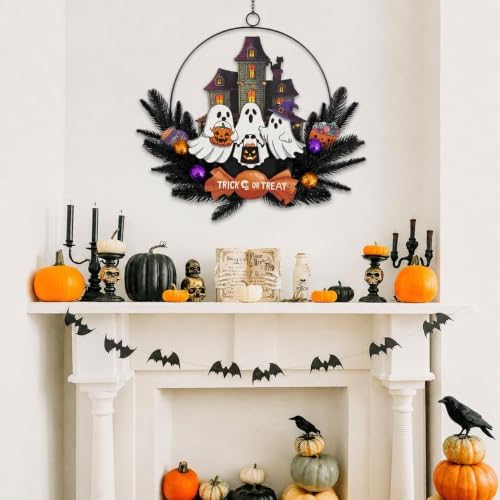 Pre-Lit Halloween Wreath for Front Door, Lighted Ghost with 6H On/18H Off - Image 4