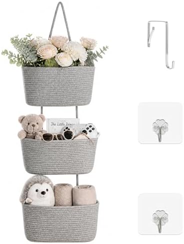 ICERZCZ Hanging Baskets for Organizing, Over the Door Decorative Storage Organizer, Nursery Decor Organization, 3-Tier Wall Basket for Entryway Playroom Bathroom Closet, Light Gray by ICERZCZ
