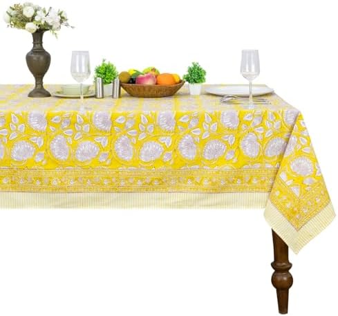 Home Spun & Crafts 72x180 Inches Rectangle Hand Block Print Tablecloth, 100% Cotton, Yellow Floral Table Cloths Washable, Traditional Indian for Dining Outdoor Thanksgiving Halloween Christmas by HomeSpunCrafts
