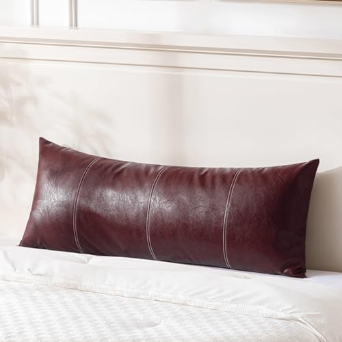 Fancy Homi Burgundy Boho Long Lumbar Faux Leather Decorative Throw Pillow Covers 14x36 Inch for Living Room Couch Bed Sofa, Hand Stitched Rectangle Cushion Case, Rustic Modern Farmhouse Home Decor by Fancy+Homi