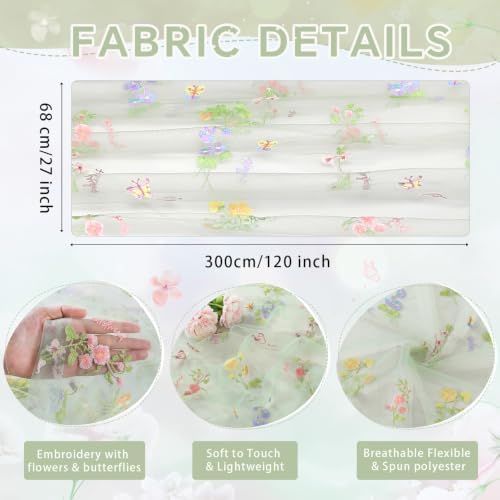 Floral Gauze Table Runner Green 10ft Embroidery Tulle Spring Wildflower - Image 6