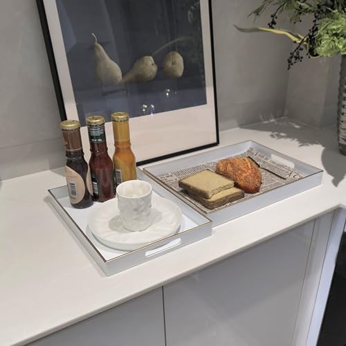 Serving Trays Set of 2, Decorative Plastic Serving Trays with Handles, Party Tray for Food, Coffee Table, Ottoman, Bathroom, and Living Room (White) - Image 2