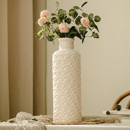 Ceramic Flower Vase, 13.98" Tall Rustic Farmhouse Decorative Vase for Home Decor, Beige Textured Pottery Vase for Pampas Grass, Living Room, Entryway, Mantel, Kitchen Table by SUREYUESI