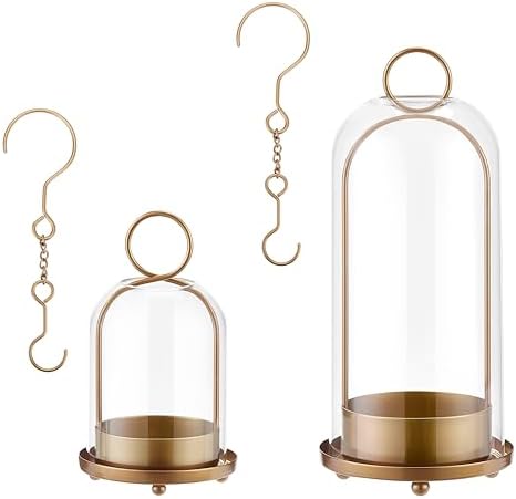 Candle Holder Lanterns, Handcrafted Metal & Glass with Modern Aesthetic Design, Hurricane Pillar Candlestick Holders, Table or Hanging Decorations Set of 2, 5.1" & 4.4" Diameter, Gold by Unknown