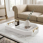 Decorative Wood Serving Tray with Polished Gold Handles, Octagon MDF Tray, Glossy Finish, 16x12 Inch, for Coffee Table, Ottoman (White) - Image 2