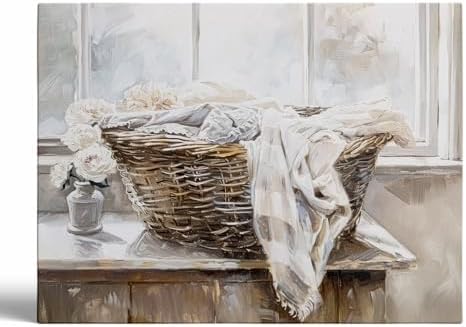 Laundry Room Oil Painting Wall Art,Rustic Farmhouse Laundry Room Poster,Vintage Laundry Basket And Flowers By The Window Print,Laundry Art,Farmhouse Laundry Room Decor24x36inch Framed Art by Unknown