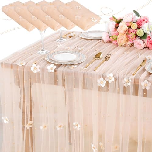 3 Pack Champagne Pearl Tulle Tablecloths 10ft Floral Sheer Table Linens by LuoluoHouse