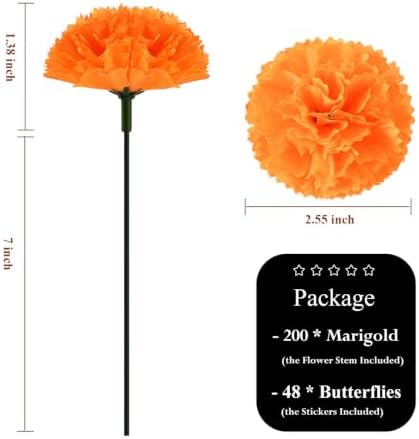 Artificial Marigold Flower Heads,Marigold Heads Bulk and 48 Monarch Butterfly for Dia De Los Muertos Diwali Decorations for Home Wreath Garland DIY Day of The Dead Altar Decor Orange (200) - Image 2