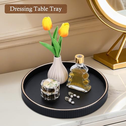 GORESE 12" Decorative Tray for Home Decor, Round PU Leather Coffee Table Tray Table Centerpiece for Living Room, Dresser, Vanity, Valet Tray Nightstand Organizer for Trinket Perfume Key, Black - Image 5