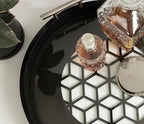 Kate and Laurel Caspen Cut Out Pattern Decorative Round Tray with Silver Metal Handles; 16 x 16; Black and Silver; Modern Glam Serving Tray with Handles for Living Room Decor - Image 4