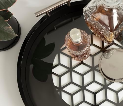 Kate and Laurel Caspen Cut Out Pattern Decorative Round Tray with Silver Metal Handles; 16 x 16; Black and Silver; Modern Glam Serving Tray with Handles for Living Room Decor - Image 4