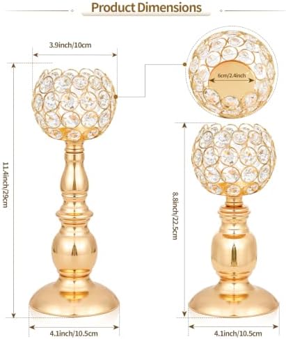 Crystal Candle Holders Set, Tall Metal Tealight Votive Candlestick Holders (11.4" & 8.8"), Elegant Decorative Centerpiece for Dining Table, Wedding, Living Room (Gold, Set of 12) - Image 3
