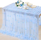 3 Pack Baby Blue Floral Pearl Tulle Tablecloths 10ft Sheer Table Linens by LuoluoHouse