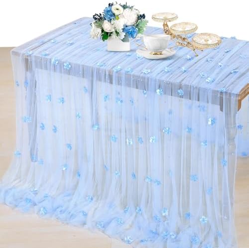 3 Pack Baby Blue Floral Pearl Tulle Tablecloths 10ft Sheer Table Linens by LuoluoHouse