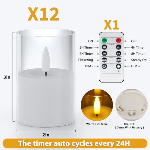 12Pack Flameless LED Candles, Remote & Timer, Battery Powered, Clear, 2"x3" - Image 2