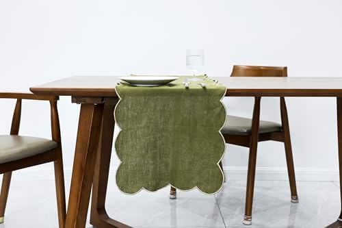 100% Natural Linen Rustic Scalloped Embroidery Table Runner 104 Inches Long, Linen Table Runner for Dresser and Dining Tables Decor, 8-10 Sets, 14''x104'', Olive Green(Edges-Gold) by AORISSI