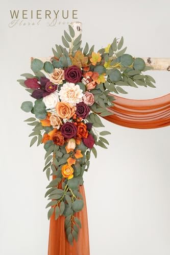 Artificial Wedding Arch Flowers Kit(Pack of 3),2Pcs Artificial Flower Arch Decor,1Pcs Sheer Drape for Wedding Ceremony Arbor for WeddingCeremony (Sunset Orange) - Image 3