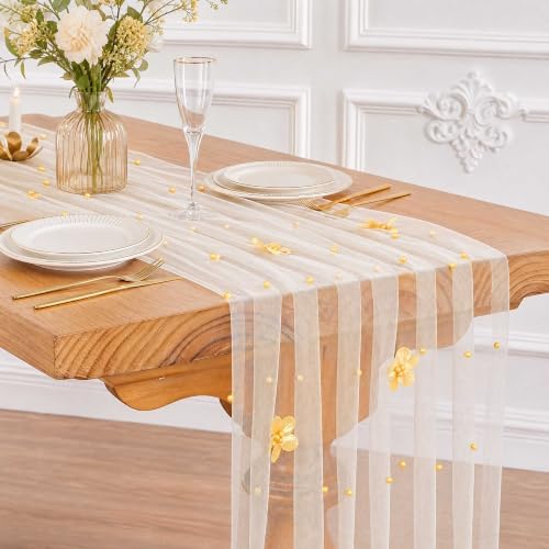 Fanqisi Beige Pearl Table Runner Floral Tulle Gauze Runner 10FT 4 Pack - Image 7