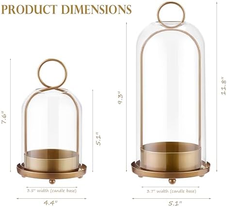 Candle Holder Lanterns, Handcrafted Metal & Glass with Modern Aesthetic Design, Hurricane Pillar Candlestick Holders, Table or Hanging Decorations Set of 2, 5.1" & 4.4" Diameter, Gold - Image 3