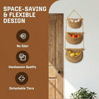 Cotton Hanging Fruit Basket,3 Tier Woven wall Basket, hanging Storage baskets for Kicthen and Bathroom, Macrame wall hanging, Boho Decor Over The Door Decor Organizer, White (Brown) - Image 2