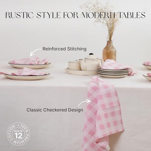 Cloth Napkins Set of 12, 100% Cotton Reusable Gingham Printed Dinner Napkins, 18x18” Washable Table & Kitchen Napkins for Home, Dining, Party, Pink & White - Image 3