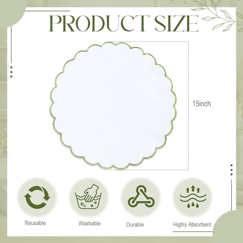 Set of 24 White Cotton Placemats 15" Round Scalloped Green - Image 2