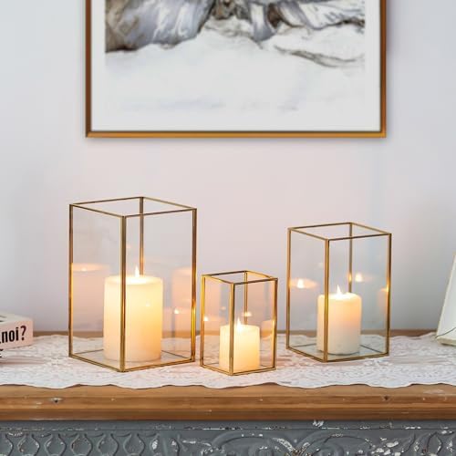 Glasseam Gold Hurricane Candle Holder for Pillar 3Pcs Square Lanterns Decor by Glasseam