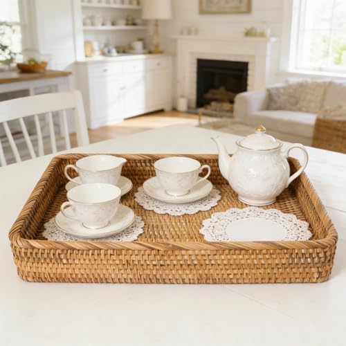 Large Rattan Serving Tray, Rectangle Wicker Storage Basket for Organizing - Image 2